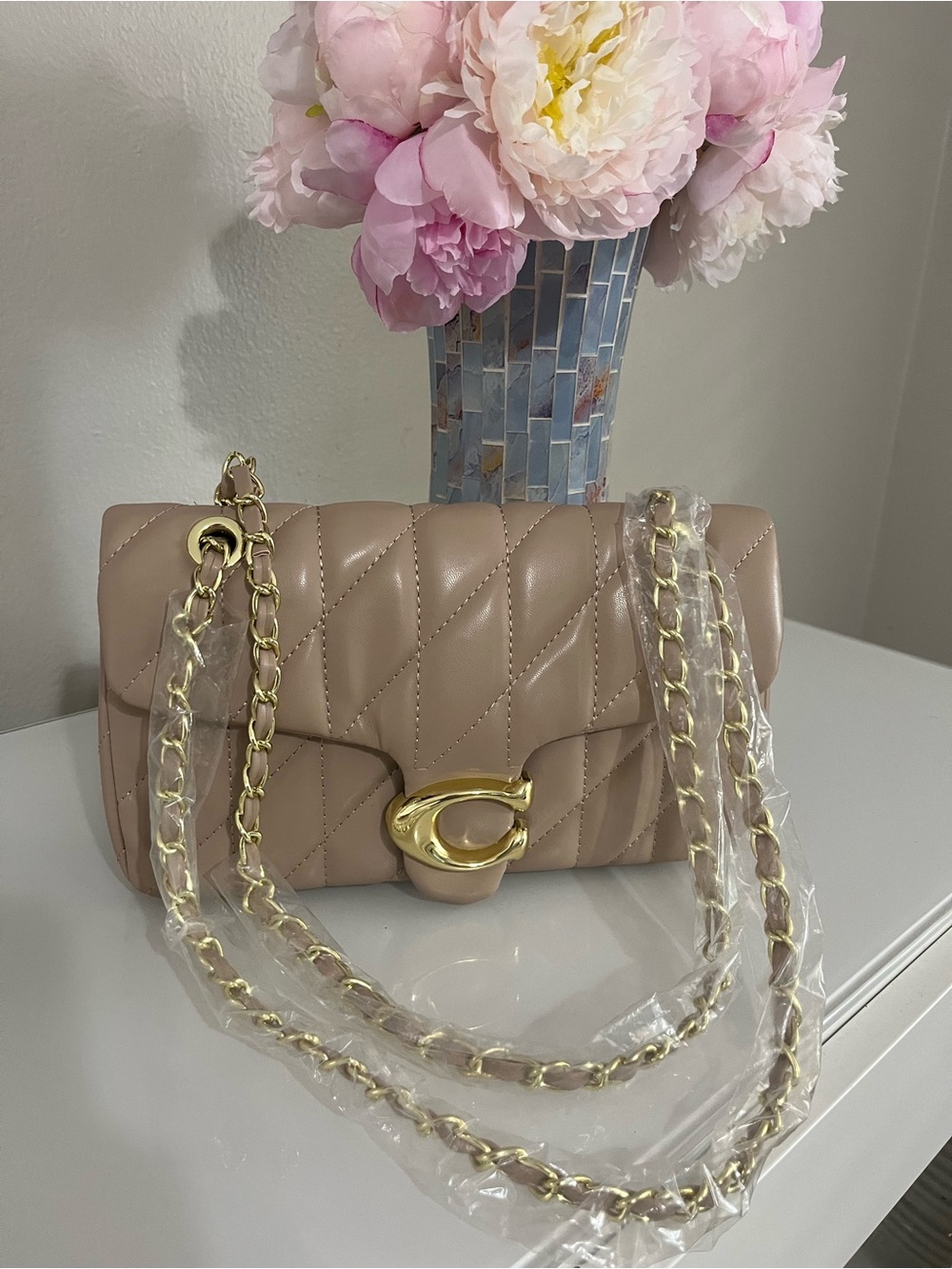 Coach Quilted Leather Shoulder Bag in Taupe with Gold Hardware